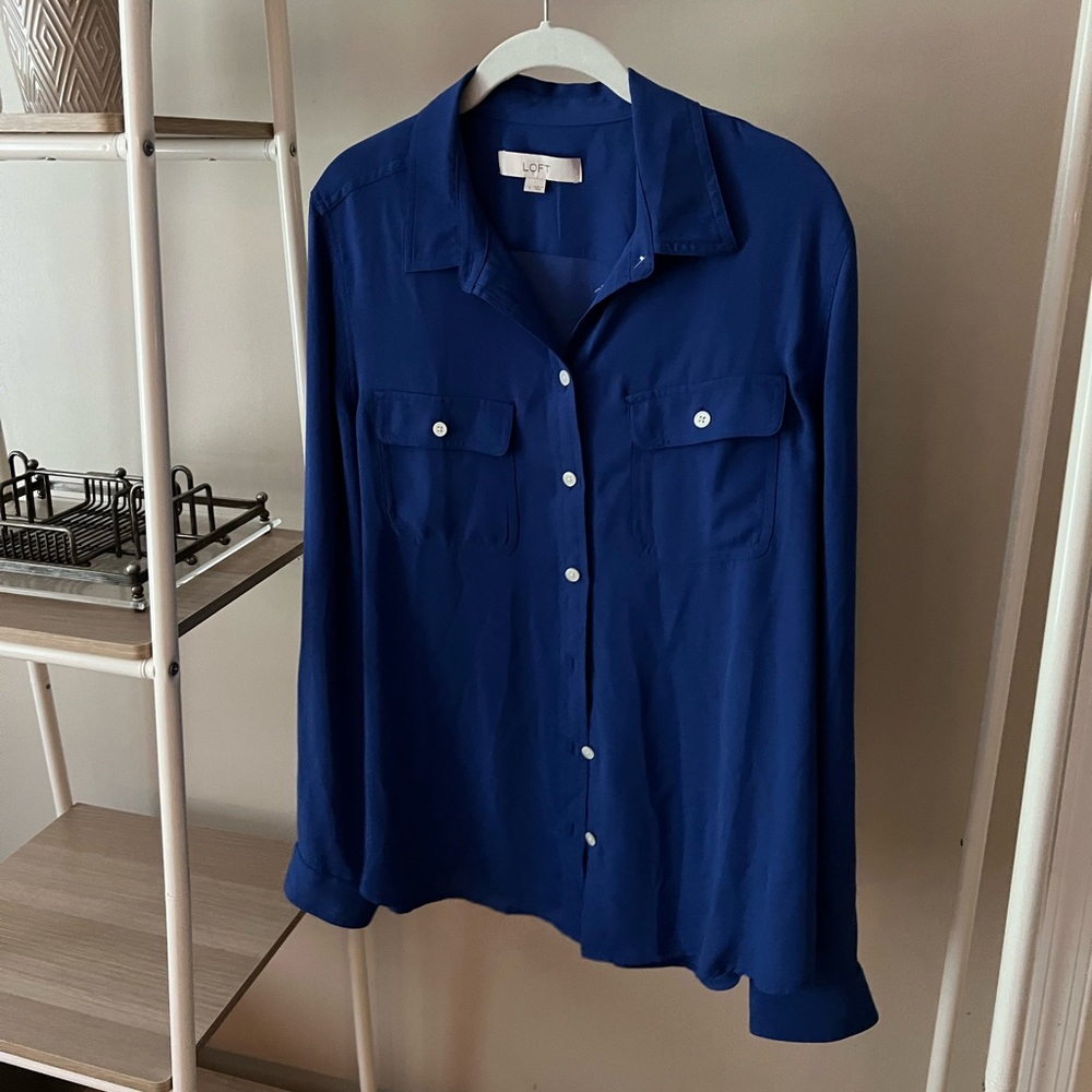 LOFT Front Pocket Button Front Blouse - Blue